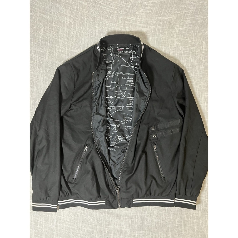 Metro by T-Mobile Bomber Jacket Black Map Lined Full Zip Mens Size 2XL